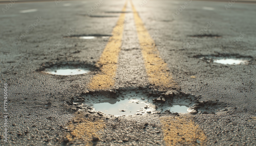 Naklejka premium Numerous Potholes Are Visible On The Close-Up Road Surface – A Detailed Examination Of The Roadway Condition.