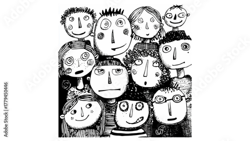 A whimsical sketch of a crowd of faces with varied expressions and unique characteristics in black and white