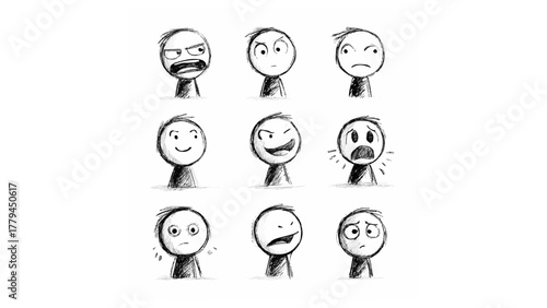 A collection of nine hand drawn stick figure expressions showing a variety of human emotions and feelings