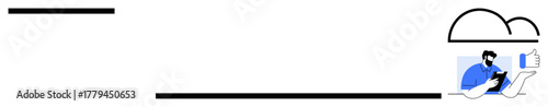 Cloud design with user interacting on tablet, giving a thumbs-up. Ideal for technology, data storage, approval, efficiency, connectivity, digital tools remote access. Simple flat metaphor