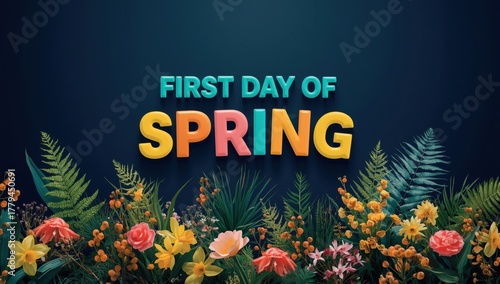 Vibrant first day of spring celebration with colorful flowers and lush green foliage