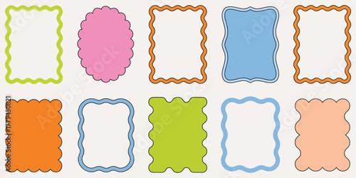 Wavy edge border vector frame illustration, zigzag scalloped outline, retro curved pattern, decorative, creative design template, poster, card, banner, background, editable layout.