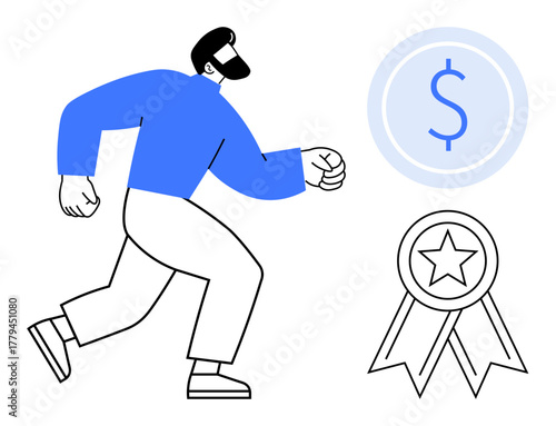 Man walking confidently, dollar coin symbolizing financial goals, award ribbon representing accomplishment. Ideal for finance, motivation, goal setting, success, personal growth, achievement