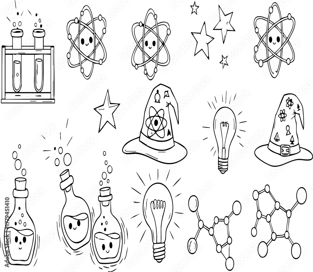 Obraz premium Magical science doodle vector set hand-drawn potion and experiment elements
