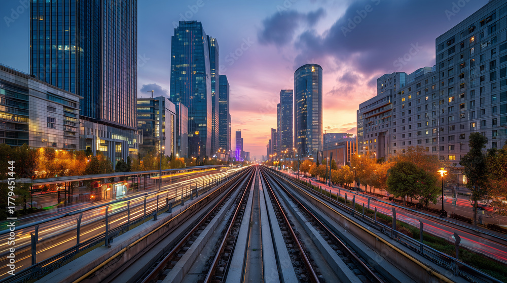 Fototapeta premium Downtown train tracks at sunset