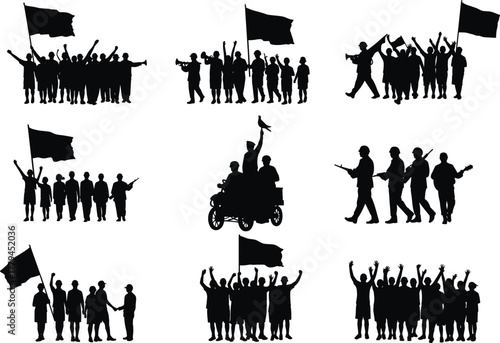 Silhouette Groups in Celebration and Protest – Flags, Music, Unity, Vehicle, Public Gathering, Dynamic Vector Illustration of Collective Action