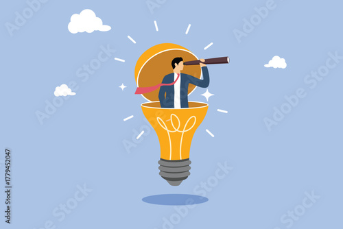 Entrepreneur open lightbulb idea using binoculars to see business vision. Searching for success concept. Creativity to help see business opportunity, vision to discover new solution or idea, curiosity
