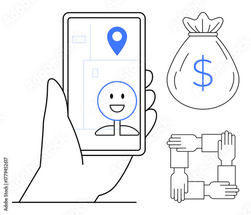 Hand holding smartphone with map pin and profile, money bag for financial concept, four connected hands for teamwork. Ideal for apps, navigation, finance, collaboration, connectivity, support simple