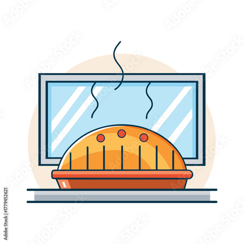 Freshly baked pie cooling on a kitchen windowsill, steam rising