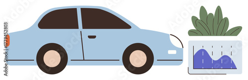 Light blue car with analytics chart showing data trends and plant representing eco-awareness. Ideal for transportation, data analysis, sustainability, green technology, eco trends, mobility