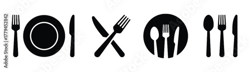 fork, knife, spoon, plate, dish, cutlery, silverware, dining, eating, restaurant, food, service, set, collection, icon, symbol, silhouette, black, white background, isolated, graphic, design, elements