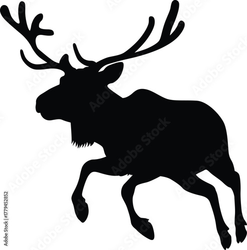 Silhouette of a majestic bull moose with large antlers running in profile against a white background