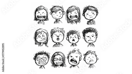 Collection of hand drawn cartoon faces showing various emotions and expressions in a sketch style illustration
