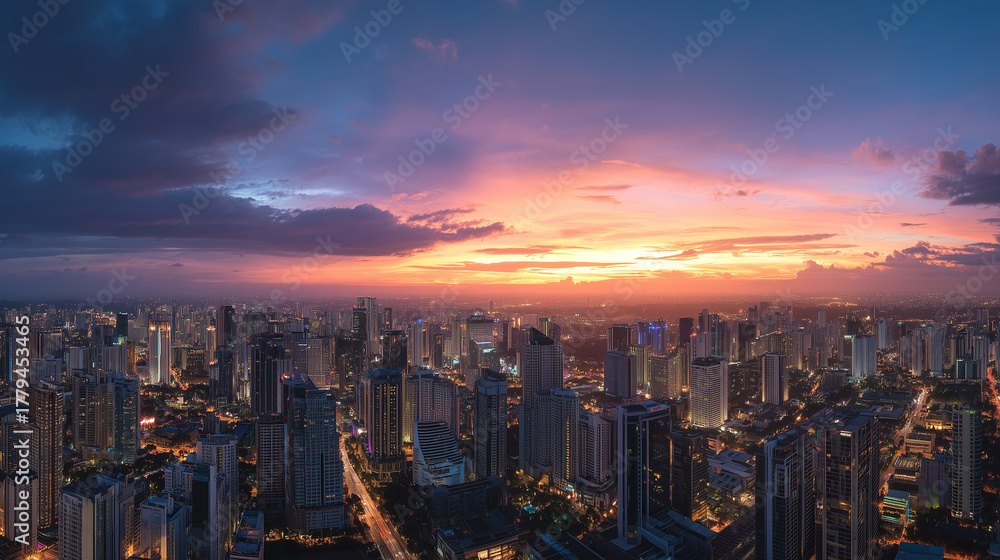 Fototapeta premium Night view of the city's central business district, the ultimate sunset glow