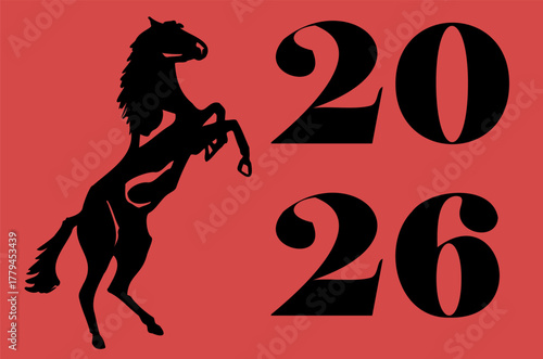 Year of the Horse 2026 — Rearing Black Horse Silhouette on Red Background. Horse Chinese Zodiac Symbol.