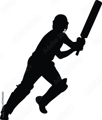 Dynamic silhouette of a cricketer batting with power and focus on a white background