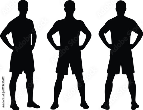 Three silhouetted male figures standing with hands on hips in athletic shorts and t shirts