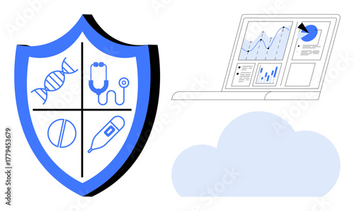 Shield with health icons representing equipment and medication, cloud element, and laptop with analytics dashboard. Ideal for security, healthcare, data privacy, analytics, technology, safety