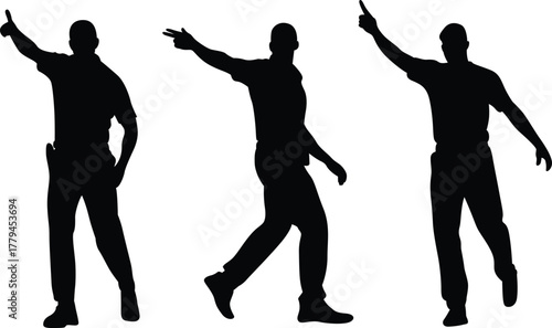 Three silhouettes of a man pointing in different directions against a white background