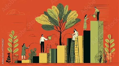 Flat naive vector of business people watering growing bar chart that transforms into green tree. Symbol of teamwork, sustainable growth, and leadership. Great for business strategy, ESG, and reports