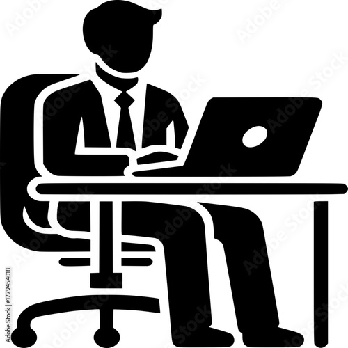 Man at Desk: A detailed silhouette captures a professional at a desk, deeply engrossed in their work using a laptop computer.