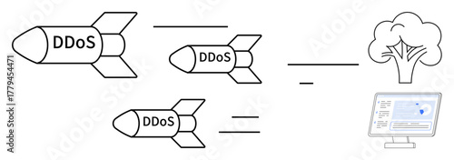 Missiles labeled DDoS aimed at a tree representing cloud security and a server icon. Ideal for cybersecurity, hacking, protection, cloud computing, digital threats, IT resources, simple flat metaphor