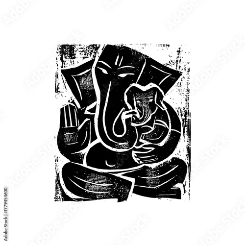 Black and white graphic illustration of the hindu god ganesha with abstract design
