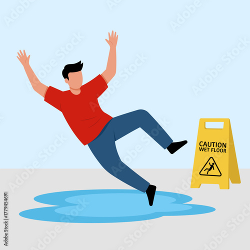 Illustration of a man slipping and falling on a wet floor next to a "CAUTION WET FLOOR" sign, symbolizing accident, injury, and lack of caution.