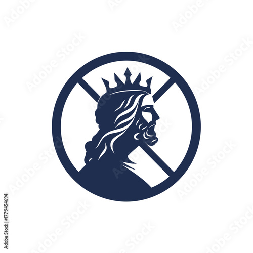 Profile silhouette of a person with crown within a circle emblem design