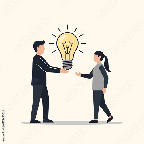 Two individuals engaging in the exchange of a bright idea, symbolizing collaboration, innovation, and knowledge transfer in a business or creative context