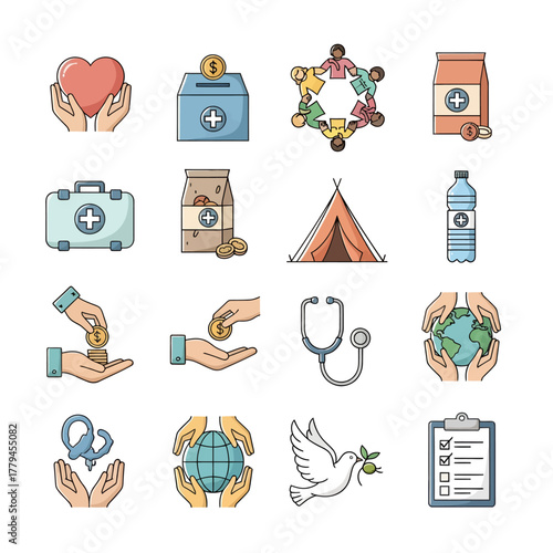 Vibrant vector icon collection for charity and humanitarian aid, depicting key concepts like donations, community support, global assistance, medical care, and peace initiatives