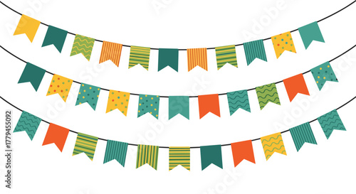 Festive bunting flags in yellow, green, orange and teal strung on black cords.