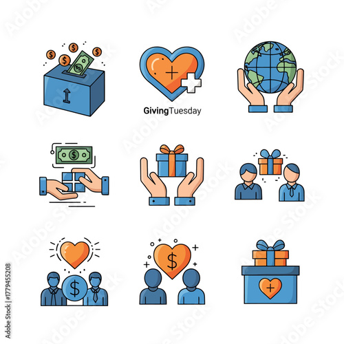 Giving Tuesday icons: donation box, heart, globe, hands, gift, people, money, and charity concepts.