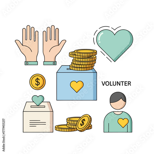 A collection of colorful icons representing charity, donations, and volunteering concepts.