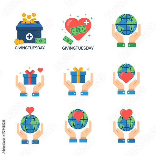 Flat design icons illustrating charity, donation, global giving, and community support.