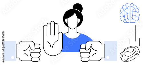 Female figure refuses with raised hand as hands offer. Brain and coin symbolize AI, decision-making. Ideal for ethics, AI bias, discrimination, fairness, freedom, human rights simple flat metaphor