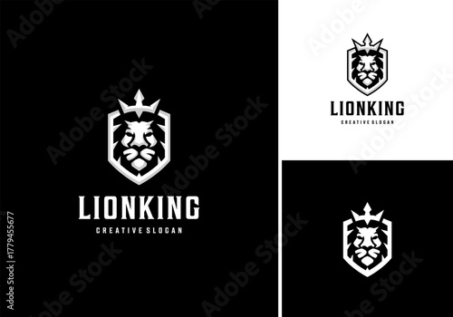 Lion head retro style logo, shield and lion vector illustration design template