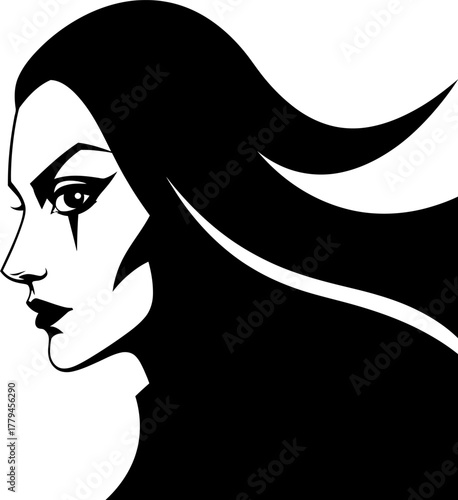 Gothic Woman Profile Black and White Illustration