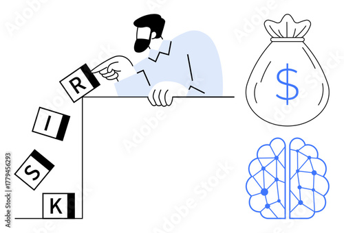 Man preventing stacked risk blocks from falling, emphasizing financial management, decision-making, and AI. Ideal for investment, strategy, fintech, innovation, entrepreneurship cognitive thinking