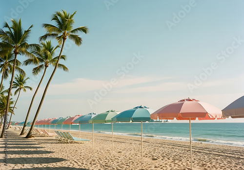 Fototapeta Naklejka Na Ścianę i Meble -  A long row of colorful pastel beach umbrellas on a serene tropical sand beach with palm trees