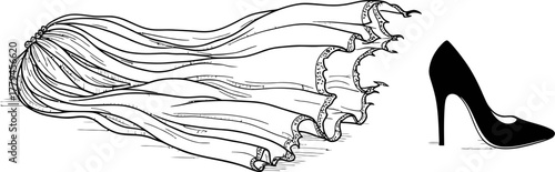 Black High Heel Shoe and Flowing Fabric Illustration