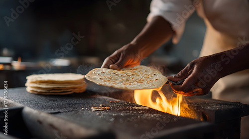 Chef flips tortilla over flames, showcasing skill and tradition with passionate intensity in food preparation