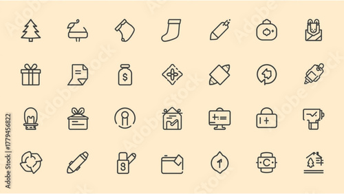 Collection of simple line icons representing various objects and concepts