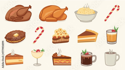Collection of festive holiday food and drinks illustrations