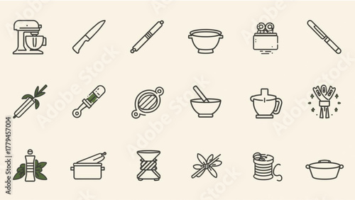 Collection of kitchen and cooking utensil icons in a clean line art style