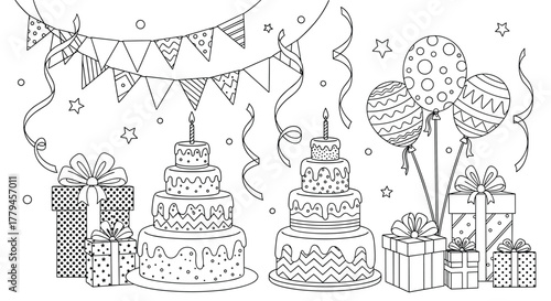 Line art illustration of a birthday party with cakes, gifts, balloons and bunting.
