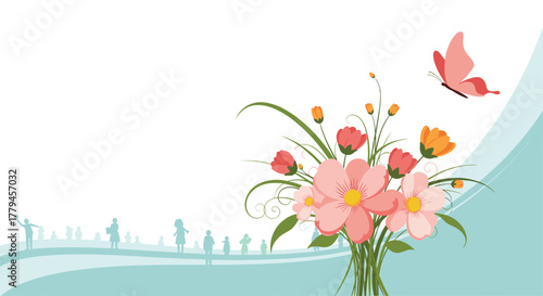 Whimsical illustration of a vibrant bouquet of pink and orange flowers with a butterfly, set against a backdrop of a serene landscape with silhouettes of people.