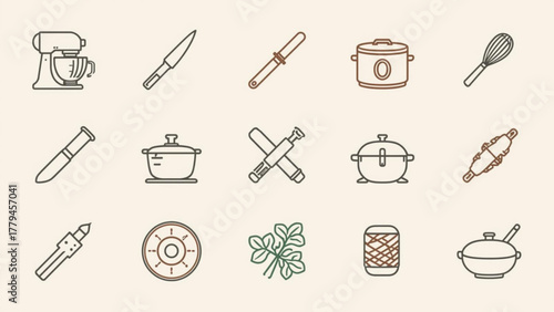 Collection of kitchen utensil icons in a minimalist line art style