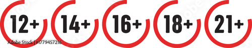 Age restriction icon set. 18 plus limit sign. Adult content prohibition warning. Adult only symbol. Parental advisory age circle collection. 12, 14, 16, 18, 21 plus over emblem. Censored label or tag.