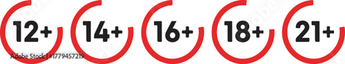 Age restriction icon set. 18 plus limit sign. Adult content prohibition warning. Adult only symbol. Parental advisory age circle collection. 12, 14, 16, 18, 21 plus over emblem. Censored label or tag.